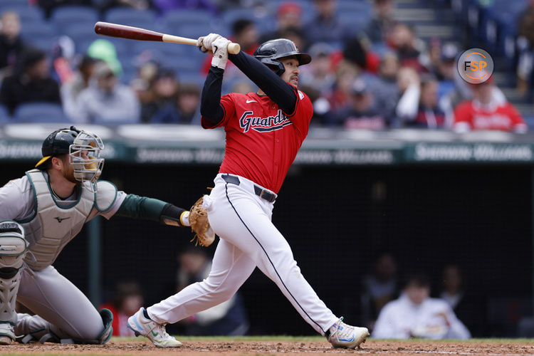 CLEVELAND, OH - APRIL 21: Cleveland Guardians outfielder Steven Kwan (38) bats during an MLB game against the Oakland Athletics on April 21, 2024 at Progressive Field in Cleveland, Ohio. (Photo by Joe Robbins/Icon Sportswire)