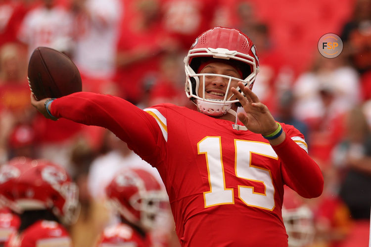 KANSAS CITY, MO - AUGUST 26: Kansas City Chiefs quarterback Patrick Mahomes (15) throws a pass before an NFL preseason game between the Cleveland Browns and Kansas City Chiefs on Aug 26, 2023 at GEHA Field at Arrowhead Stadium in Kansas City, MO. (Photo by Scott Winters/Icon Sportswire)