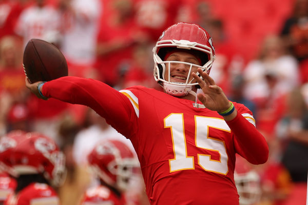 KANSAS CITY, MO - AUGUST 26: Kansas City Chiefs quarterback Patrick Mahomes (15) throws a pass before an NFL preseason game between the Cleveland Browns and Kansas City Chiefs on Aug 26, 2023 at GEHA Field at Arrowhead Stadium in Kansas City, MO. (Photo by Scott Winters/Icon Sportswire)