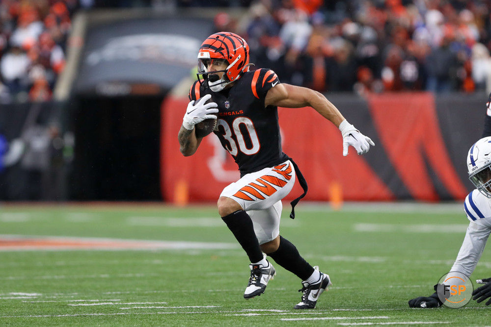 CINCINNATI, OH - DECEMBER 10: Cincinnati Bengals running back Chase Brown (30) carries the ball during the game against the Indianapolis Colts and the Cincinnati Bengals on December 10, 2023, at Paycor Stadium in Cincinnati, OH. (Photo by Ian Johnson/Icon Sportswire)