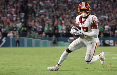 Sep 13, 2026; Philadelphia, Pennsylvania, USA;  Washington Commanders wide receiver Terry McLaurin (17) catches a pass for a first down against the Philadelphia Eagles during the second half at Lincoln Financial Field.  Mandatory Credit: Bill Streicher-Imagn Images