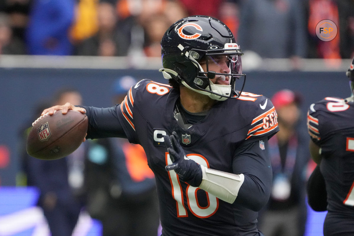 Oct 13, 2024; London, United Kingdom; Chicago Bears quarterback Caleb Williams (18) throws the ball against the Jacksonville Jaguars in the first half during an NFL International Series game at Tottenham Hotspur Stadium. Credit: Kirby Lee-Imagn Images