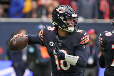 Oct 13, 2024; London, United Kingdom; Chicago Bears quarterback Caleb Williams (18) throws the ball against the Jacksonville Jaguars in the first half during an NFL International Series game at Tottenham Hotspur Stadium. Mandatory Credit: Kirby Lee-Imagn Images