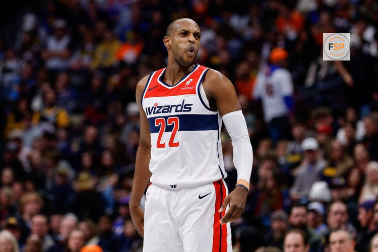 Jan 17, 2026; Denver, Colorado, USA; Washington Wizards forward Khris Middleton (22) reacts in the third quarter against the Denver Nuggets at Ball Arena. Credit: Isaiah J. Downing-Imagn Images