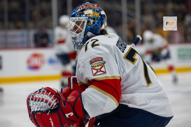 Apr 4, 2026; Pittsburgh, Pennsylvania, USA; Florida Panthers goalie Sergei Bobrovsky (72) looks on before the first period at PPG Paints Arena. Credit: Mark Alberti-Imagn Images