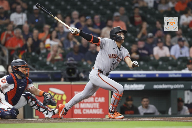 Apr 1, 2025; Houston, Texas, USA; San Francisco Giants center fielder Jung Hoo Lee (51) bats during the first inning against the Houston Astros at Daikin Park. Credit: Troy Taormina-Imagn Images