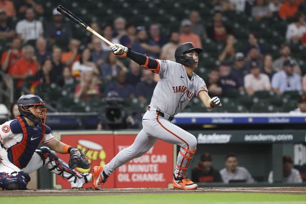 Apr 1, 2025; Houston, Texas, USA; San Francisco Giants center fielder Jung Hoo Lee (51) bats during the first inning against the Houston Astros at Daikin Park. Mandatory Credit: Troy Taormina-Imagn Images