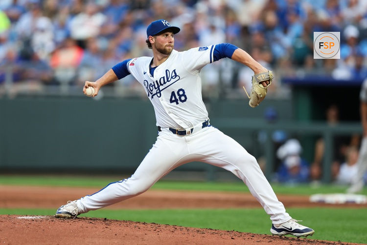 KANSAS CITY, MO - JULY 23: Kansas City Royals pitcher Alec Marsh (48) pitches in the second inning of an MLB game between the Arizona Diamondbacks and Kansas City Royals on July 23, 2024 at Kauffman Stadium in Kansas City,  MO. (Photo by Scott Winters/Icon Sportswire)