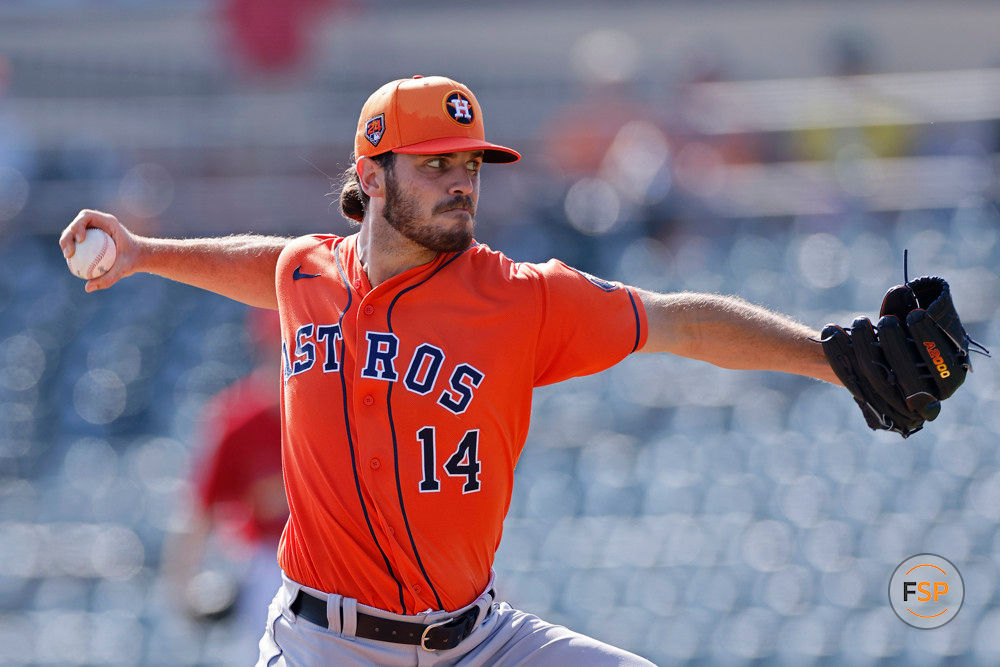 JUPITER, FL - MARCH 17: Houston Astros starting pitcher Spencer Arrighetti (14) delivers a pitch during an MLB Spring Breakout game against the St. Louis Cardinals on March 17, 2024 at Roger Dean Chevrolet Stadium in Jupiter, Florida. (Photo by Joe Robbins/Icon Sportswire)