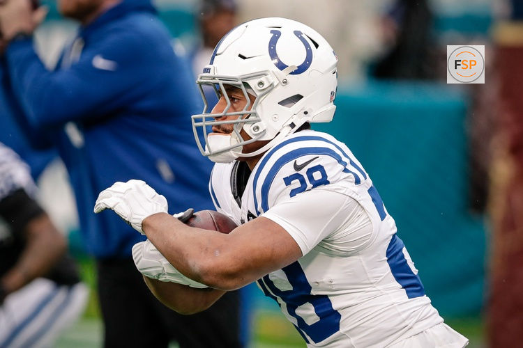 Dec 7, 2025; Jacksonville, Florida, USA;Indianapolis Colts running back Jonathan Taylor (28) warms up before an NFL game against the Jacksonville Jaguars at EverBank Stadium. Credit: Travis Register-Imagn Images