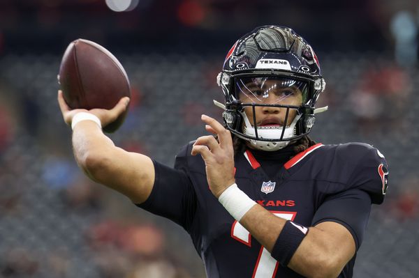 Dec 14, 2025; Houston, Texas, USA;  Houston Texans quarterback C.J. Stroud (7) warms up before playing against the Arizona Cardinals at NRG Stadium. Mandatory Credit: Thomas Shea-Imagn Images