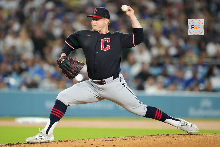Mar 30, 2026; Los Angeles, California, USA; Cleveland Guardians pitcher Parker Messick (77) throws pitch against the Los Angeles Dodgers in the first inning at Dodger Stadium. Credit: Kirby Lee-Imagn Images