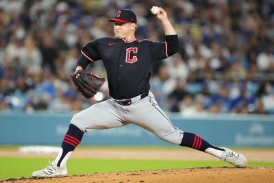 Mar 30, 2026; Los Angeles, California, USA; Cleveland Guardians pitcher Parker Messick (77) throws pitch against the Los Angeles Dodgers in the first inning at Dodger Stadium. Mandatory Credit: Kirby Lee-Imagn Images
