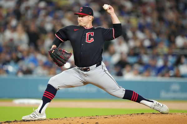 Mar 30, 2026; Los Angeles, California, USA; Cleveland Guardians pitcher Parker Messick (77) throws pitch against the Los Angeles Dodgers in the first inning at Dodger Stadium. Mandatory Credit: Kirby Lee-Imagn Images