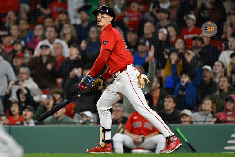 Sep 22, 2024; Boston, MA, USA;  Boston Red Sox left fielder Jarren Duran (16) hits an RBI single against the Minnesota Twins during the sixth inning at Fenway Park. Credit: Eric Canha-Imagn Images