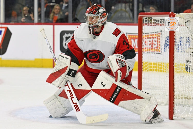May 7, 2026; Philadelphia, Pennsylvania, USA; Carolina Hurricanes goaltender Frederik Andersen (31) against the Philadelphia Flyers in game three of the second round of the 2026 Stanley Cup Playoffs at Xfinity Mobile Arena. Credit: Eric Hartline-Imagn Images
