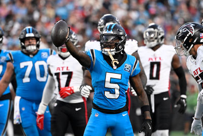 Oct 13, 2024; Charlotte, North Carolina, USA; Carolina Panthers wide receiver Diontae Johnson (5) reacts after making a catch in the second quarter at Bank of America Stadium. Mandatory Credit: Bob Donnan-Imagn Images