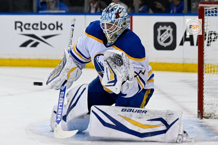 Apr 8, 2026; New York, New York, USA; Buffalo Sabres goaltender Ukko-Pekka Luukkonen (1) makes a glove save against the New York Rangers during the second period at Madison Square Garden. Credit: Dennis Schneidler-Imagn Images