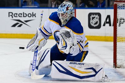Apr 8, 2026; New York, New York, USA; Buffalo Sabres goaltender Ukko-Pekka Luukkonen (1) makes a glove save against the New York Rangers during the second period at Madison Square Garden. Mandatory Credit: Dennis Schneidler-Imagn Images