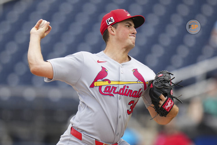 Mar 4, 2025; West Palm Beach, Florida, USA; St. Louis Cardinals pitcher Michael McGreevy (36) throws a pitch against the Washington Nationals during the first inning at CACTI Park of the Palm Beaches. Credit: Rich Storry-Imagn Images