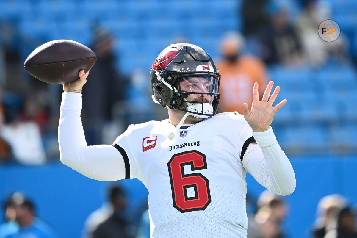 Jan 7, 2024; Charlotte, North Carolina, USA;  Tampa Bay Buccaneers quarterback Baker Mayfield (6) before the game at Bank of America Stadium. Credit: Bob Donnan-USA TODAY Sports