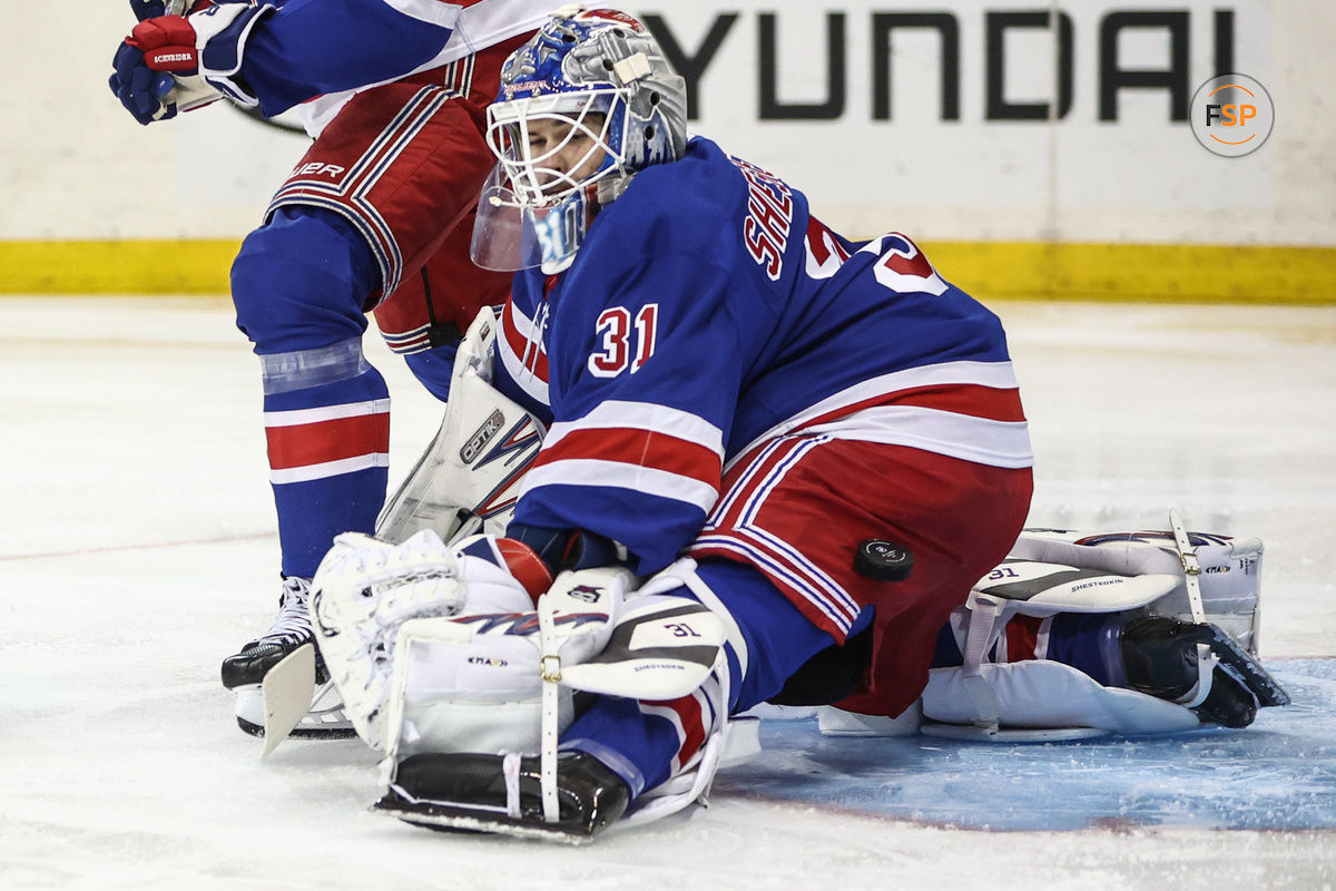 Nov 1, 2024; New York, New York, USA;  New York Rangers goaltender Igor Shesterkin (31) makes a save on a shot on goal attempt in the first period against the Ottawa Senators at Madison Square Garden. Credit: Wendell Cruz-Imagn Images