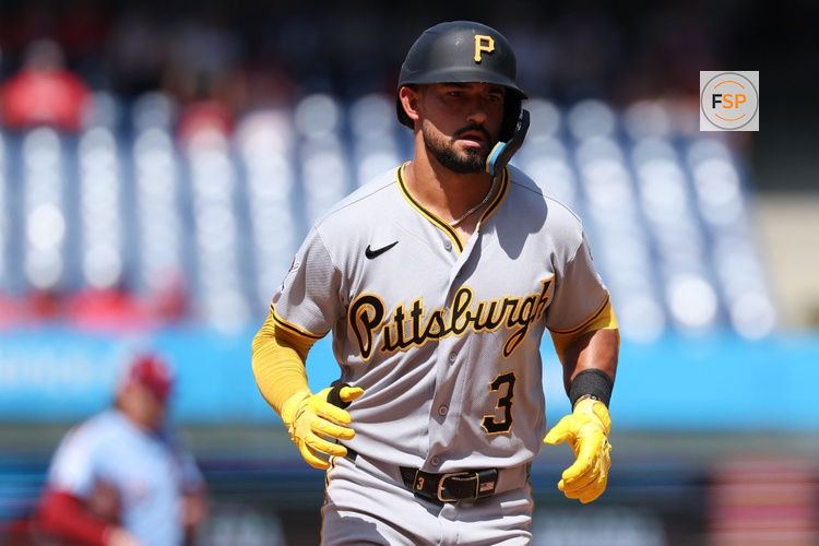 Jul 2, 2026; Philadelphia, Pennsylvania, USA; Pittsburgh Pirates third baseman Nick Gonzales (3) runs the bases after hitting a home run during the ninth inning against the Philadelphia Phillies at Citizens Bank Park. Credit: Bill Streicher-Imagn Images