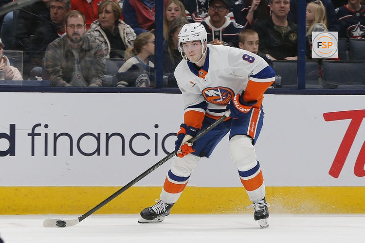 Apr 17, 2025; Columbus, Ohio, USA; New York Islanders defenseman Noah Dobson (8) looks to shoot against the New York Islanders during the first period at Nationwide Arena. Credit: Russell LaBounty-Imagn Images