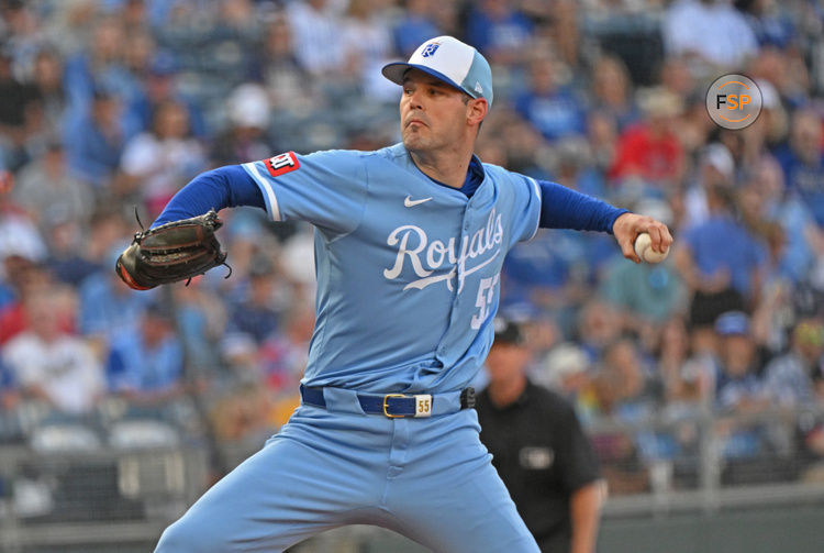 May 10, 2025; Kansas City, Missouri, USA;  Kansas City Royals starting pitcher Cole Ragans (55) throws a pitch in the first inning against the Boston Red Sox at Kauffman Stadium. Credit: Peter Aiken-Imagn Images
