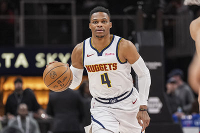 Dec 8, 2024; Atlanta, Georgia, USA; Denver Nuggets guard Russell Westbrook (4) brings the ball up the court against the Atlanta Hawks during the first half at State Farm Arena. Mandatory Credit: Dale Zanine-Imagn Images