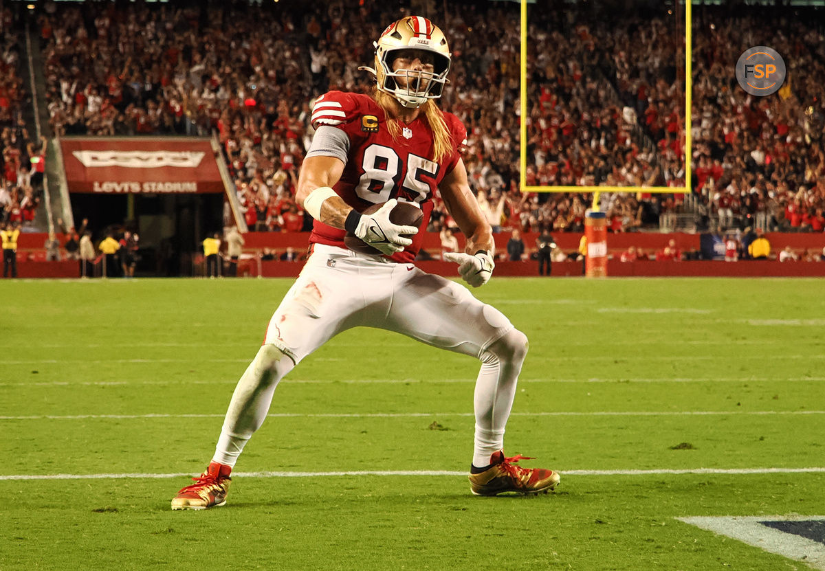 Oct 27, 2024; Santa Clara, California, USA; San Francisco 49ers tight end George Kittle (85) celebrates after scoring a touchdown against the Dallas Cowboys during the third quarter at Levi's Stadium. Credit: Kelley L Cox-Imagn Images