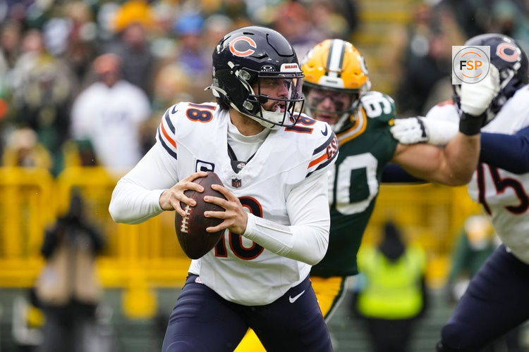 Jan 5, 2025; Green Bay, Wisconsin, USA;  Chicago Bears quarterback Caleb Williams (18) during the game against the Chicago Bears at Lambeau Field. Credit: Jeff Hanisch-Imagn Images