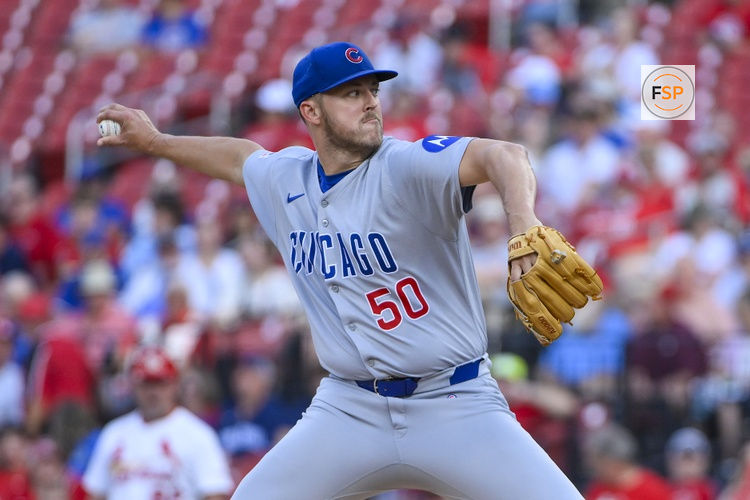 Jun 24, 2025; St. Louis, Missouri, USA;  Chicago Cubs starting pitcher Jameson Taillon (50) pitches against the St. Louis Cardinals during the first inning at Busch Stadium. Credit: Jeff Curry-Imagn Images
