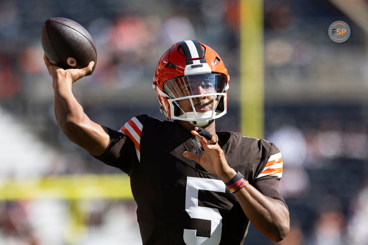 Oct 27, 2024; Cleveland, Ohio, USA; Cleveland Browns quarterback Jameis Winston (5) throws the ball during warm ups before the game against the Baltimore Ravens at Huntington Bank Field. Credit: Scott Galvin-Imagn Images