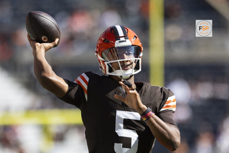 Oct 27, 2024; Cleveland, Ohio, USA; Cleveland Browns quarterback Jameis Winston (5) throws the ball during warm ups before the game against the Baltimore Ravens at Huntington Bank Field. Credit: Scott Galvin-Imagn Images