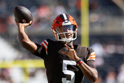 Oct 27, 2024; Cleveland, Ohio, USA; Cleveland Browns quarterback Jameis Winston (5) throws the ball during warm ups before the game against the Baltimore Ravens at Huntington Bank Field. Mandatory Credit: Scott Galvin-Imagn Images