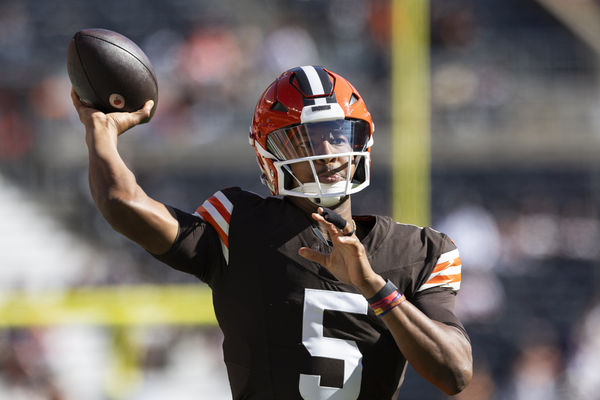 Oct 27, 2024; Cleveland, Ohio, USA; Cleveland Browns quarterback Jameis Winston (5) throws the ball during warm ups before the game against the Baltimore Ravens at Huntington Bank Field. Mandatory Credit: Scott Galvin-Imagn Images