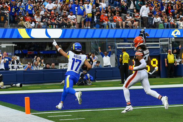 INGLEWOOD, CA - DECEMBER 3: Los Angeles Rams wide receiver Puka Nacua (17) celebrates scoring a touchdown during the NFL game between the Cleveland Browns and the Los Angeles Rams on December 03, 2023, at SoFi Stadium in Inglewood, CA. (Photo by Jevone Moore/Icon Sportswire)