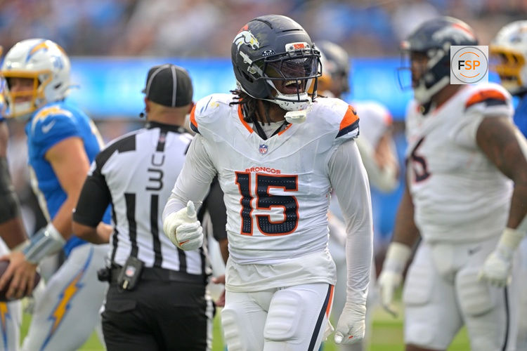 Sep 21, 2025; Inglewood, California, USA;   Denver Broncos linebacker Nik Bonitto (15) celebrates after a sack of Los Angeles Chargers quarterback Justin Herbert (10) in the second half at SoFi Stadium. Credit: Jayne Kamin-Oncea-Imagn Images
