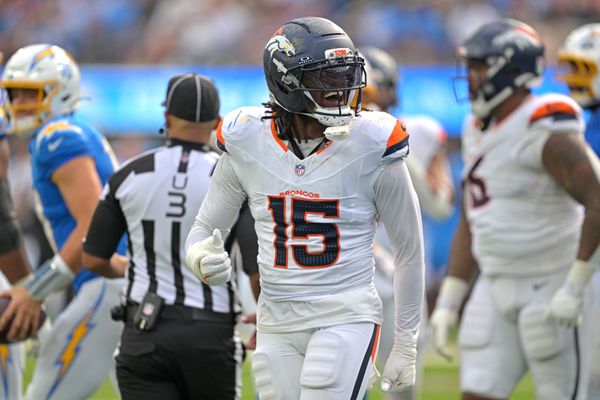 Sep 21, 2025; Inglewood, California, USA;   Denver Broncos linebacker Nik Bonitto (15) celebrates after a sack of Los Angeles Chargers quarterback Justin Herbert (10) in the second half at SoFi Stadium. Mandatory Credit: Jayne Kamin-Oncea-Imagn Images