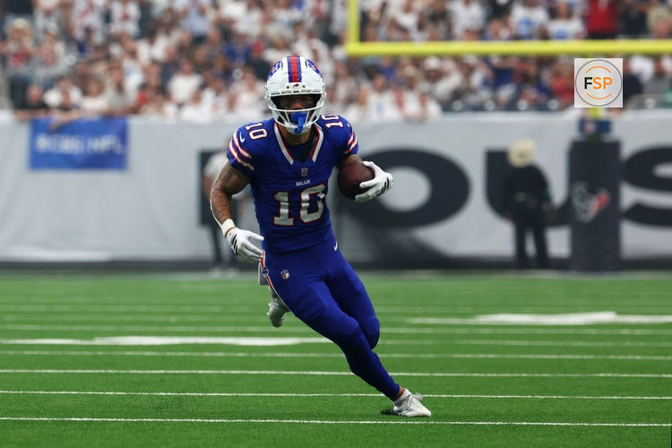 Sep 13, 2026; Houston, Texas, USA;  Buffalo Bills wide receiver Khalil Shakir (10) runs the ball during the second quarter against the Houston Texans at Reliant Stadium.  Credit: Thomas Shea-Imagn Images