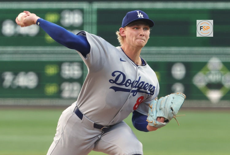 Sep 3, 2025; Pittsburgh, Pennsylvania, USA;  Los Angeles Dodgers starting pitcher Emmet Sheehan (80) delivers a pitch against the Pittsburgh Pirates during the first inning at PNC Park. Credit: Charles LeClaire-Imagn Images