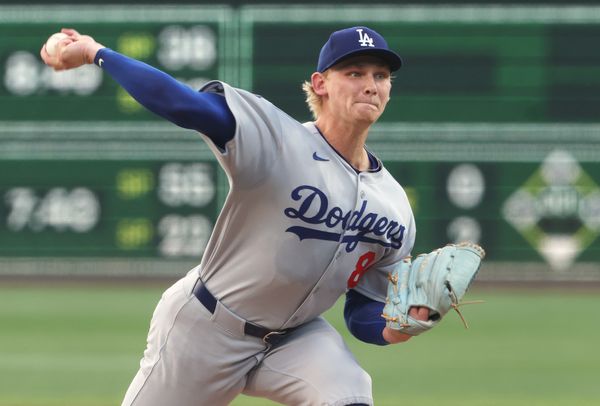 Sep 3, 2025; Pittsburgh, Pennsylvania, USA;  Los Angeles Dodgers starting pitcher Emmet Sheehan (80) delivers a pitch against the Pittsburgh Pirates during the first inning at PNC Park. Mandatory Credit: Charles LeClaire-Imagn Images