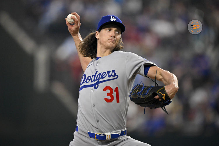 Apr 20, 2025; Arlington, Texas, USA; Los Angeles Dodgers starting pitcher Tyler Glasnow (31) pitches against the Texas Rangers during the first inning at Globe Life Field. Credit: Jerome Miron-Imagn Images