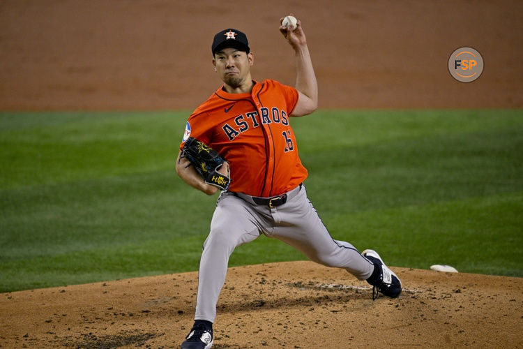 Aug 7, 2024; Arlington, Texas, USA;  Houston Astros starting pitcher Yusei Kikuchi (16) pitches against the Texas Rangers during the first inning at Globe Life Field. Credit: Jerome Miron-USA TODAY Sports