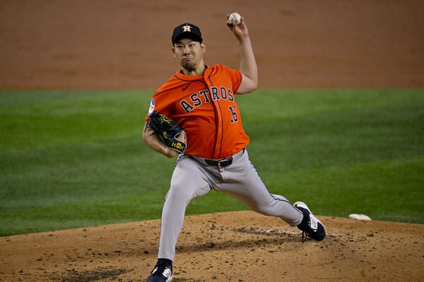 Aug 7, 2024; Arlington, Texas, USA;  Houston Astros starting pitcher Yusei Kikuchi (16) pitches against the Texas Rangers during the first inning at Globe Life Field. Mandatory Credit: Jerome Miron-USA TODAY Sports