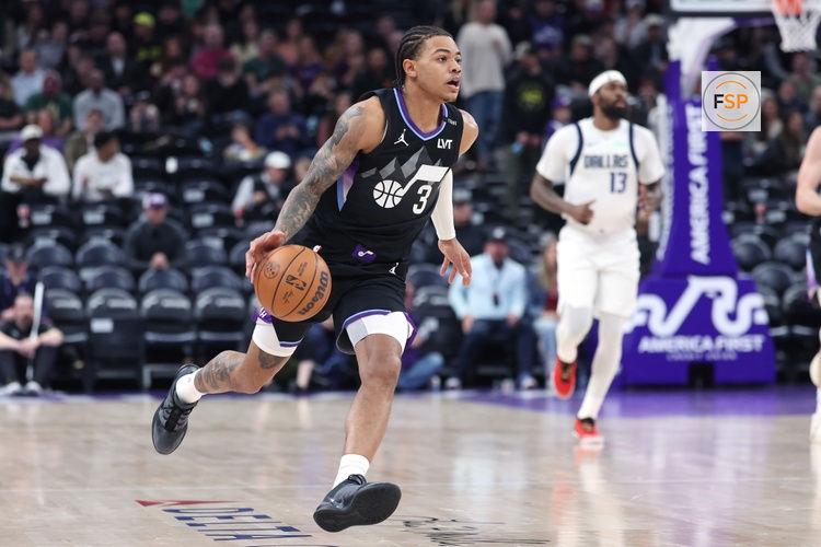 Dec 15, 2025; Salt Lake City, Utah, USA; Utah Jazz guard Keyonte George (3) brings the ball up the court against the Dallas Mavericks during the second half at Delta Center. Credit: Rob Gray-Imagn Images