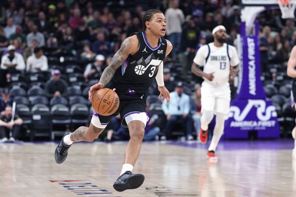 Dec 15, 2025; Salt Lake City, Utah, USA; Utah Jazz guard Keyonte George (3) brings the ball up the court against the Dallas Mavericks during the second half at Delta Center. Mandatory Credit: Rob Gray-Imagn Images