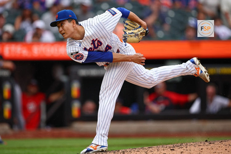 Aug 16, 2026; New York City, New York, USA;  New York Mets pitcher Kodai Senga (34) delivers a pitch during the ninth inning against the Washington Nationals at Citi Field. Credit: Vincent Carchietta-Imagn Images