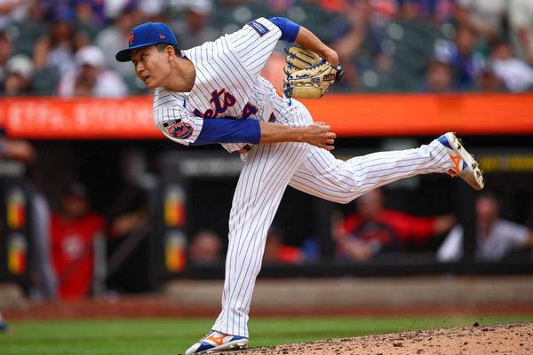 Aug 16, 2026; New York City, New York, USA;  New York Mets pitcher Kodai Senga (34) delivers a pitch during the ninth inning against the Washington Nationals at Citi Field. Mandatory Credit: Vincent Carchietta-Imagn Images